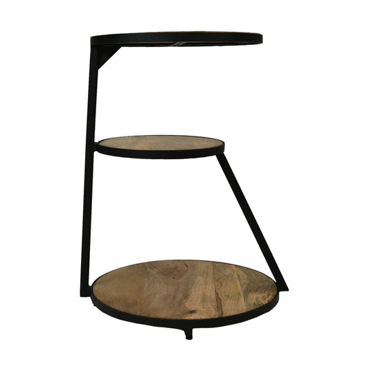 Minimalistisch rond houten bijzettafeltje met drie niveaus en zwart metalen frame, modern en functioneel design.