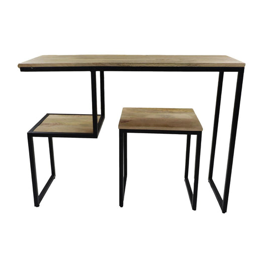 Moderne houten bureau en bijzettafel met zwart metalen frame, minimalistische stijl met open ontwerp.