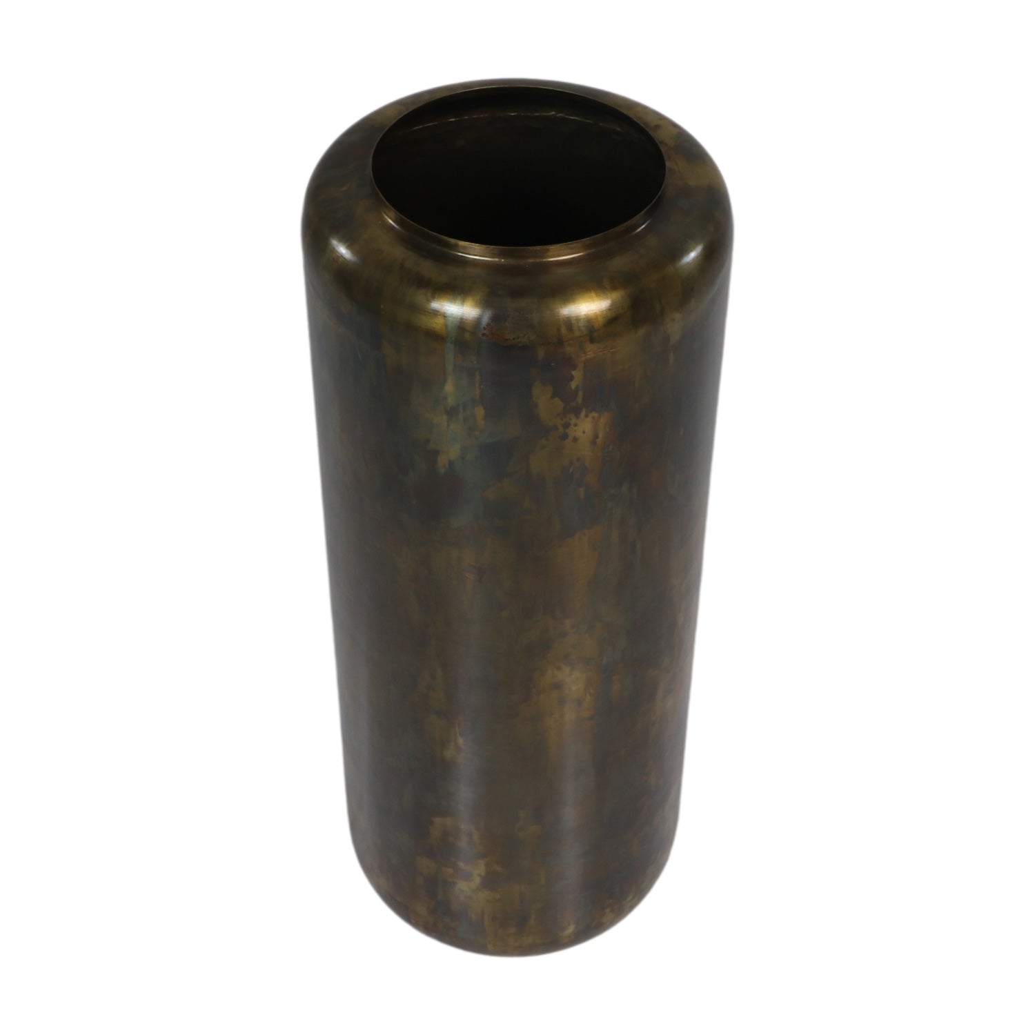 Hoogwaardige cilindrische vaas van brons met antieke afwerking en rijke patina, vintage uitstraling.
