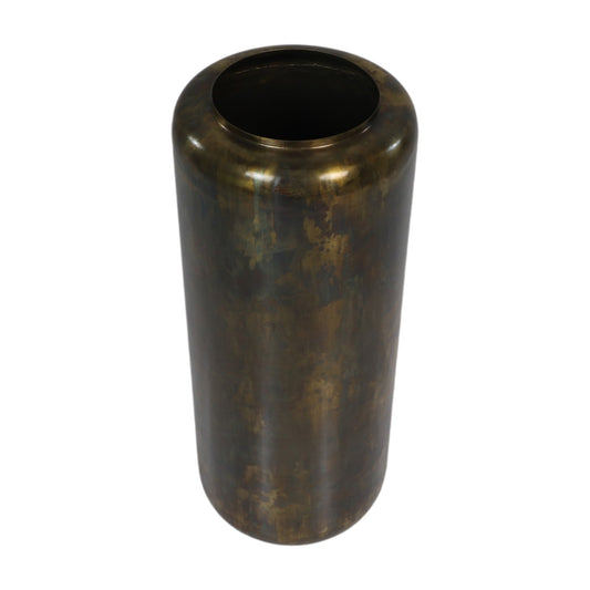 Hoogwaardige cilindrische vaas van brons met antieke afwerking en rijke patina, vintage uitstraling.