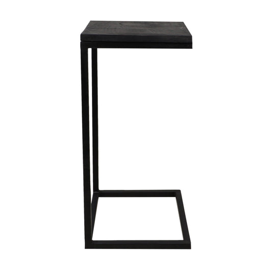 Minimalistisch zwart bijzettafeltje met een slank metalen frame en een vierkant tafelblad.