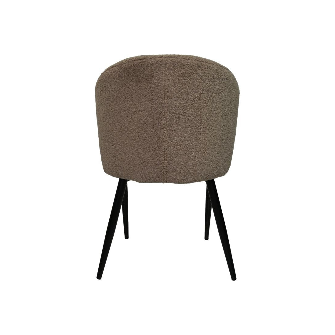 Beige stoffen stoel met zwarte metalen poten, minimalistisch ontwerp, achterkant weergave.