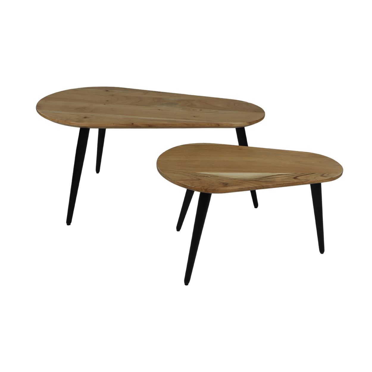 Twee asymmetrische houten bijzettafels met zwarte poten, elegant en modern design op een witte achtergrond.