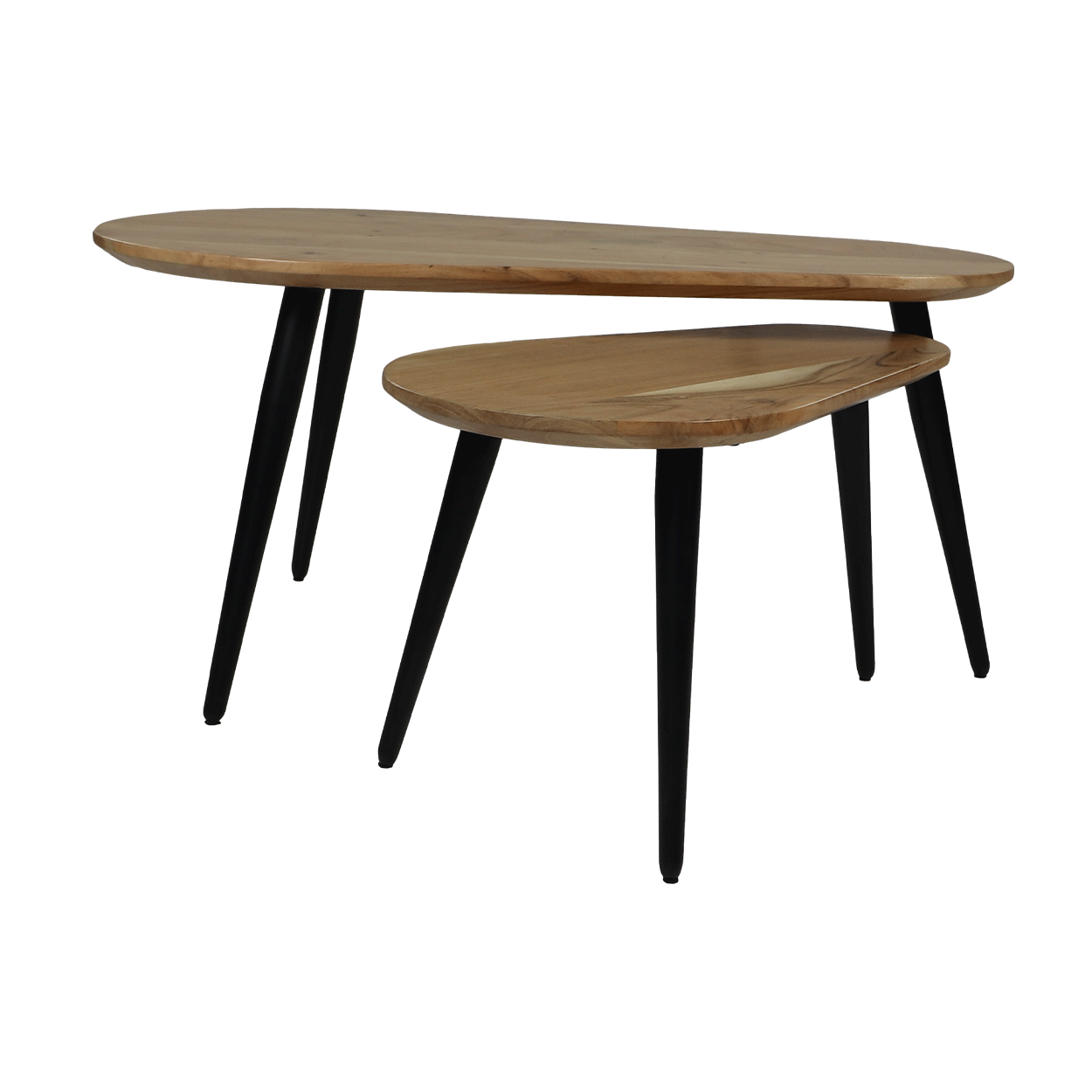 Tweekleurige salontafelset met organische houten bladen en zwarte, taps toelopende metalen poten.