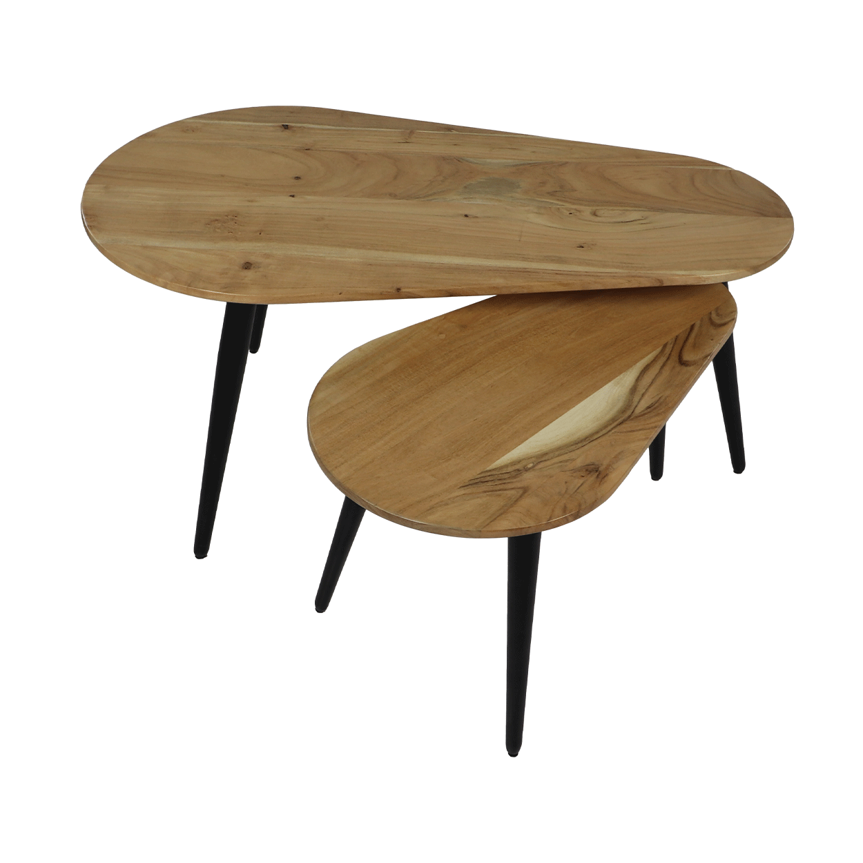 Twee overlappende houten bijzettafels met afgeronde hoeken en zwarte poten, moderne esthetiek.