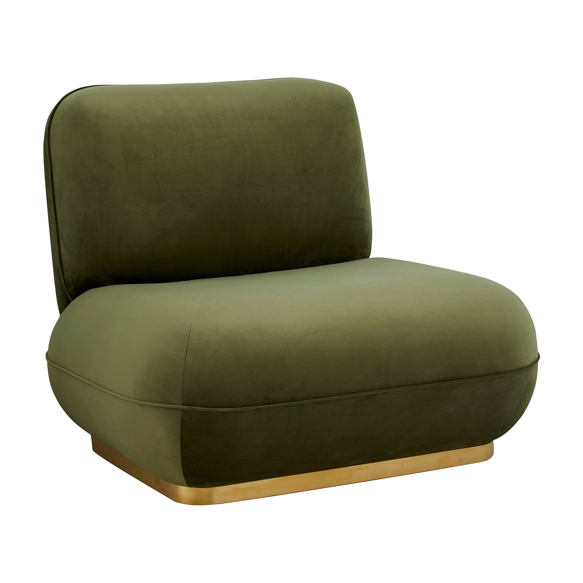 Olijfgroene pluche stoel met gouden basis, strak design en comfortabele uitstraling.