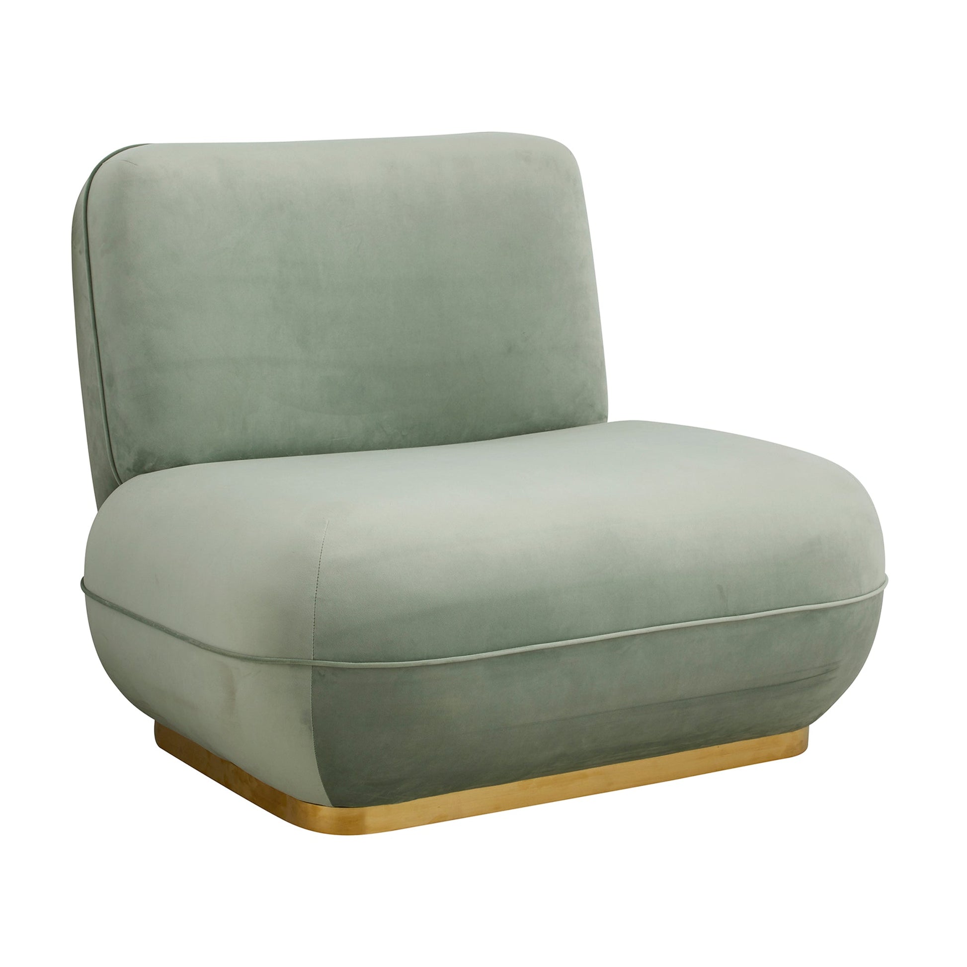 Stijlvolle lichtgroene fluwelen fauteuil met een goudkleurige basis, modern en comfortabel design.
