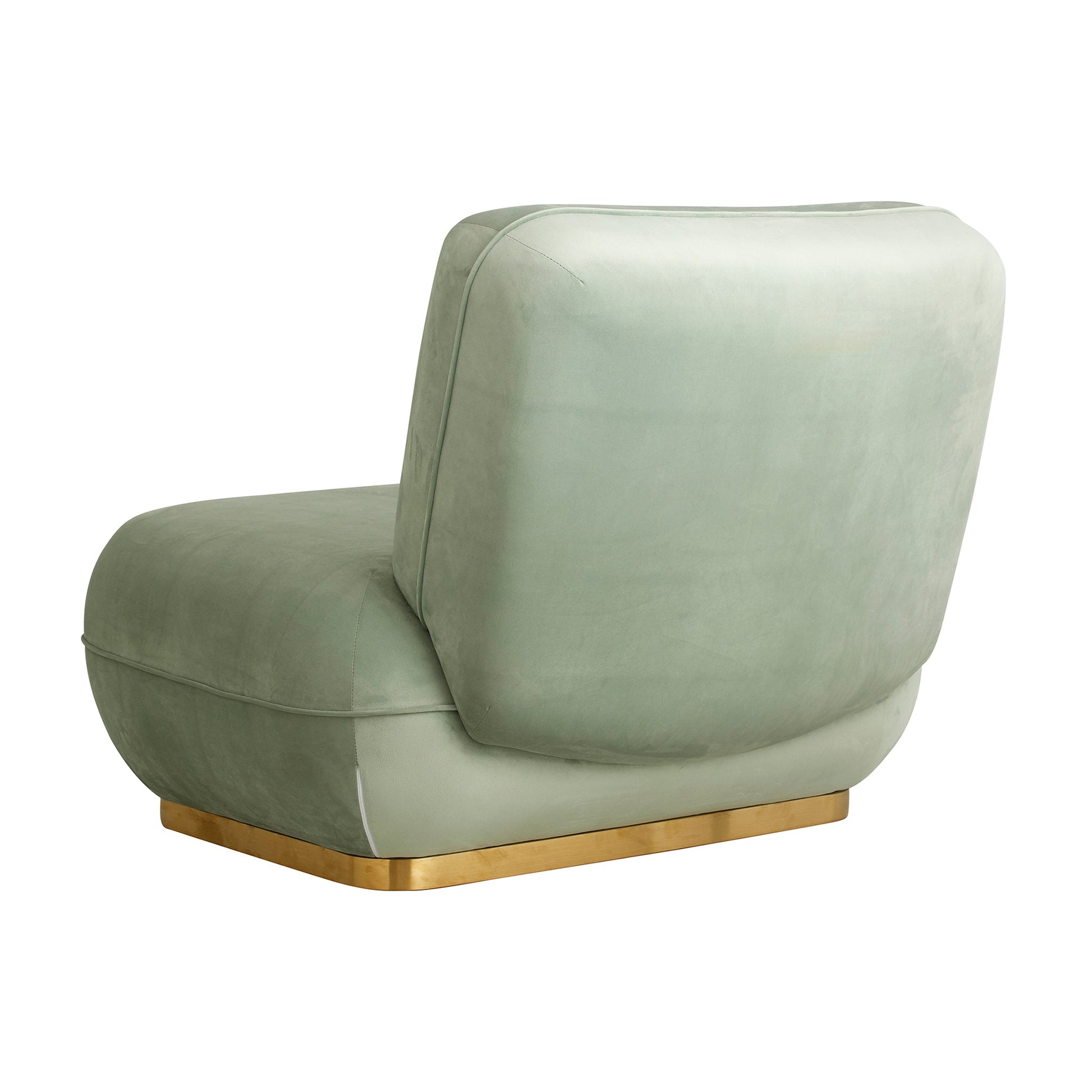 Groene fluwelen fauteuil met goudkleurige basis en ronde vormen, strakke moderne uitstraling.