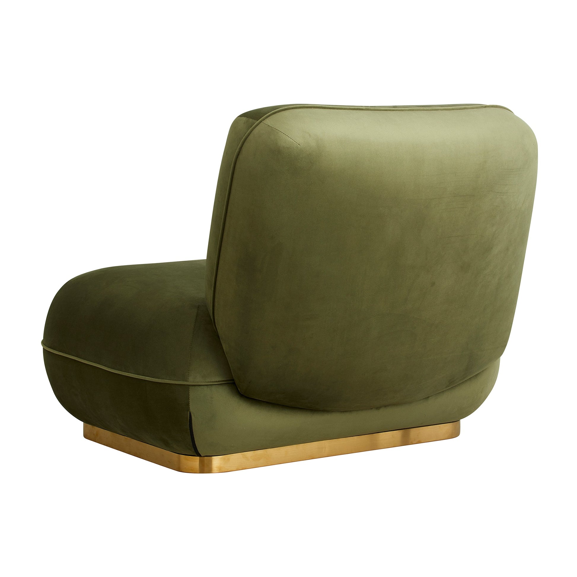 Oliviergroene fluwelen fauteuil op een gouden basis, met een modern strak design en zachte bekleding.