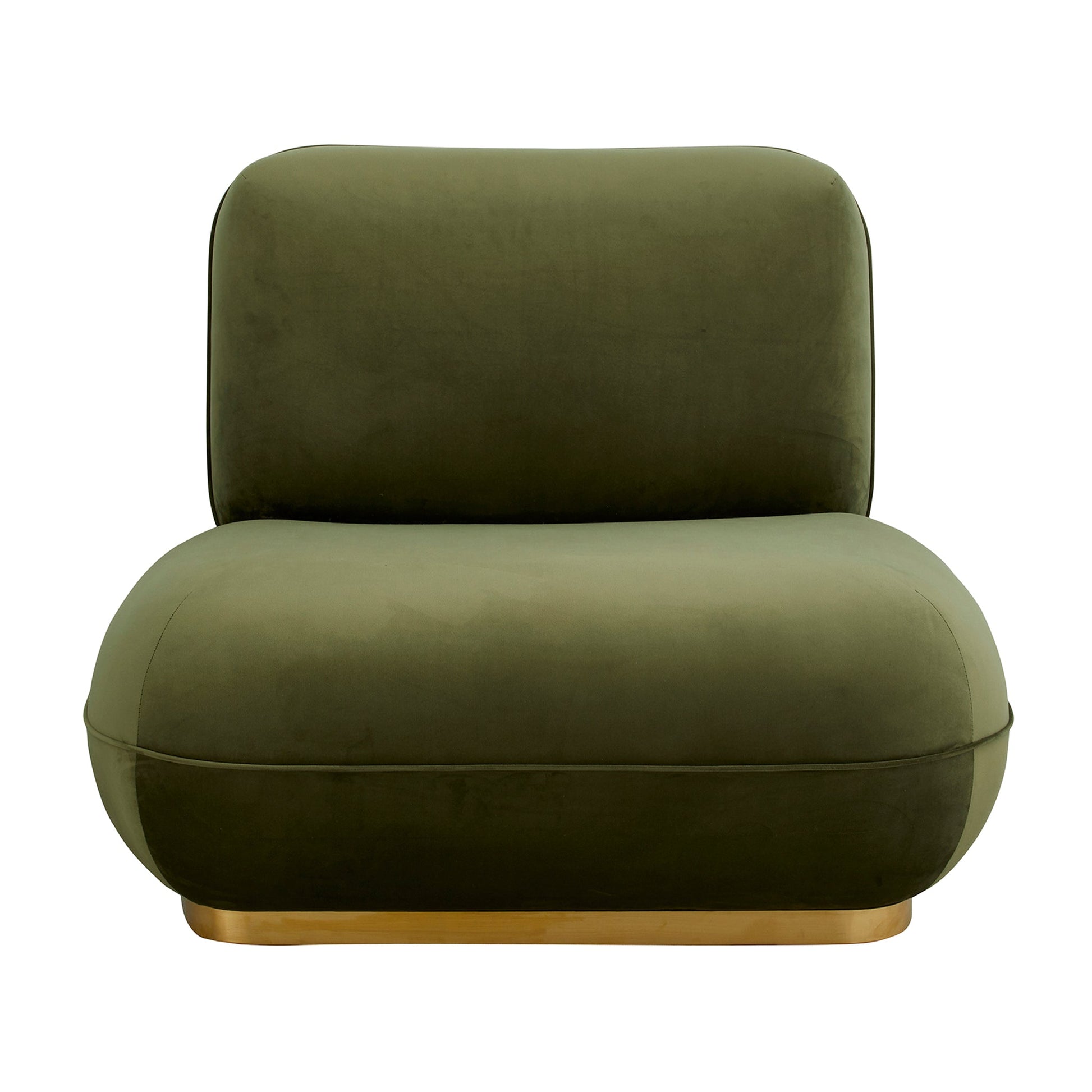 Olijfgroene fluwelen fauteuil met afgeronde vormen en een gouden onderstel, strakke en moderne uitstraling.