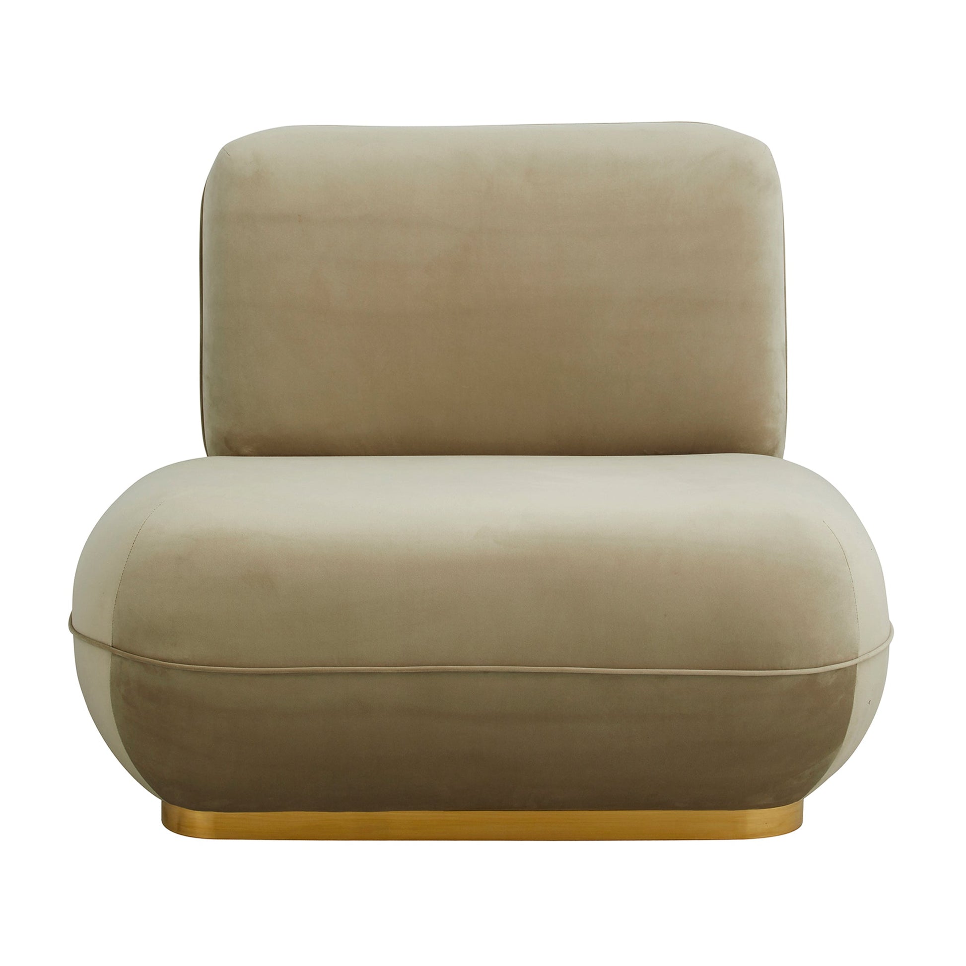 Beige fluwelen fauteuil met een stevige rugleuning en een stijlvolle goudkleurige basis.