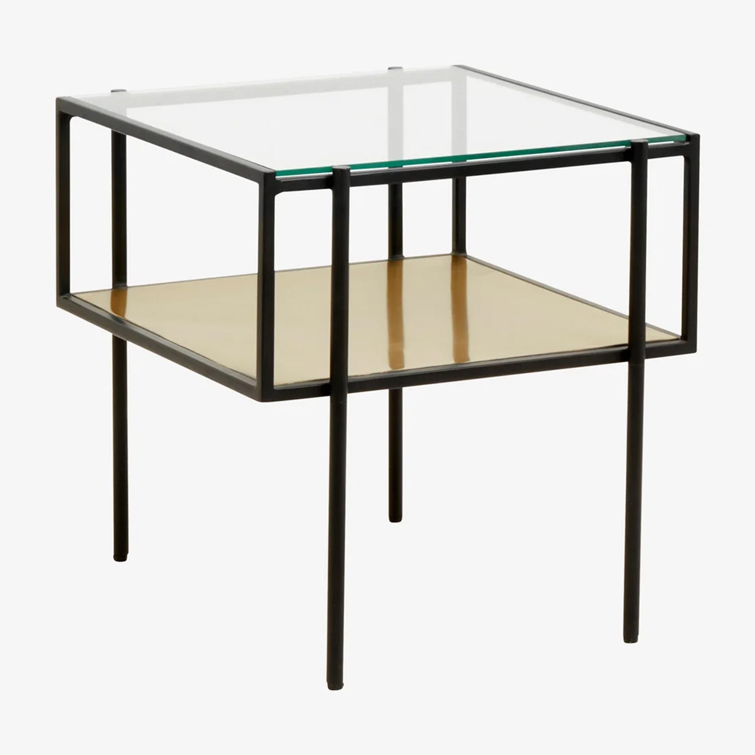 Moderne bijzettafel met glazen blad en metaalconstructie, onderste plank met houtafwerking.