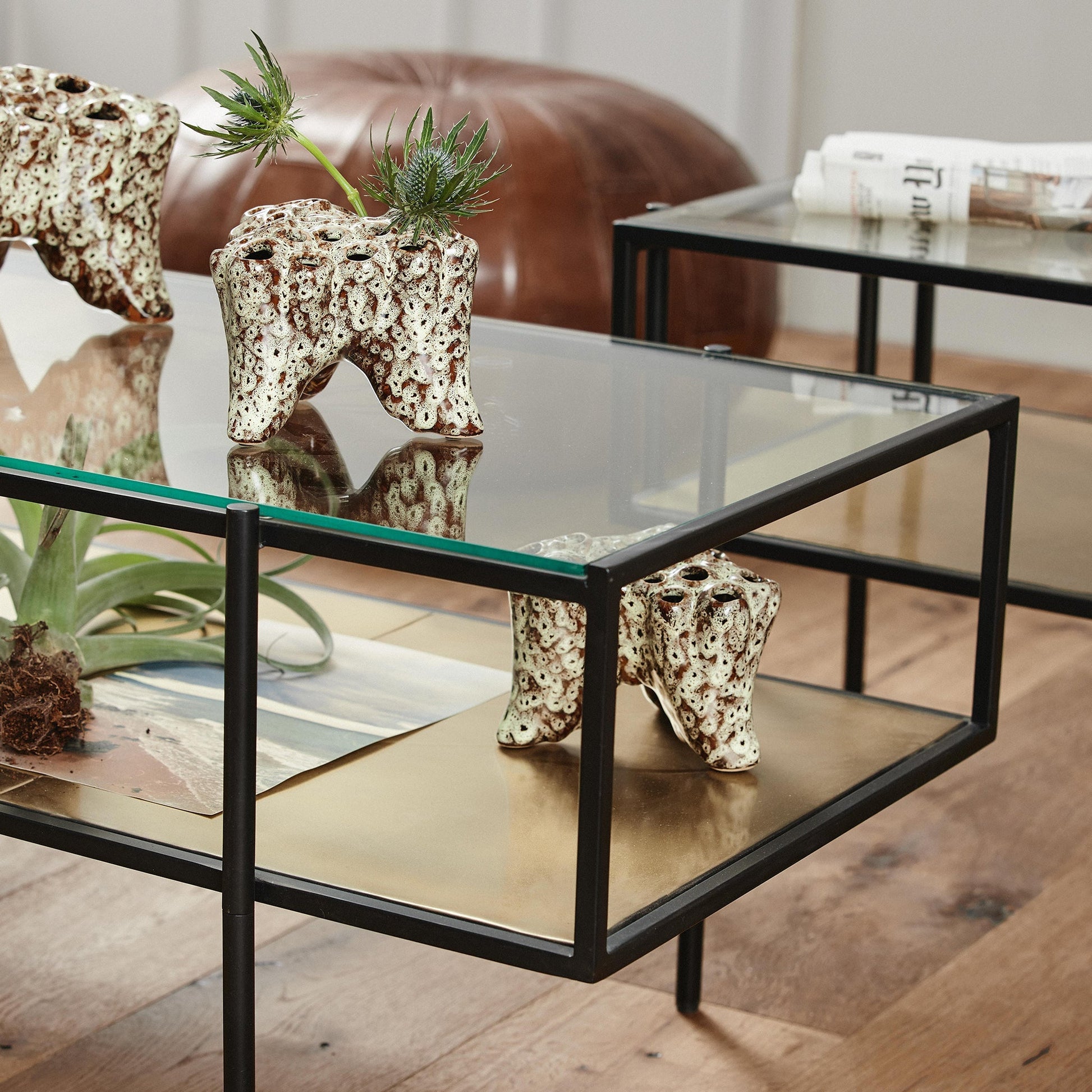 Keramische tanden als objecten op een glazen salontafel met planten, in een moderne woonkamer setting.