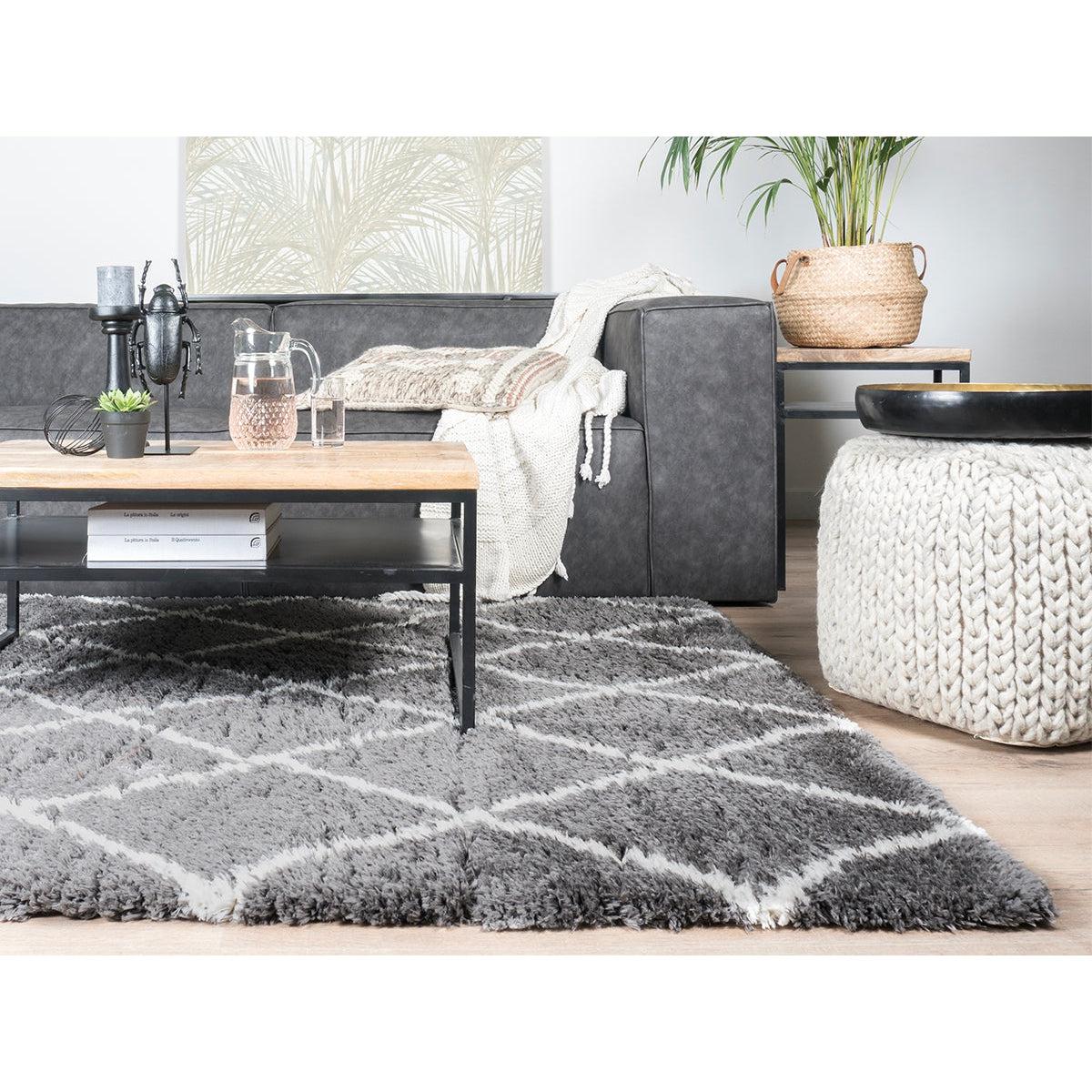 Grijze bank met plaid, houten salontafel, plantenpot, en gestreept tapijt in een modern ingerichte woonkamer.