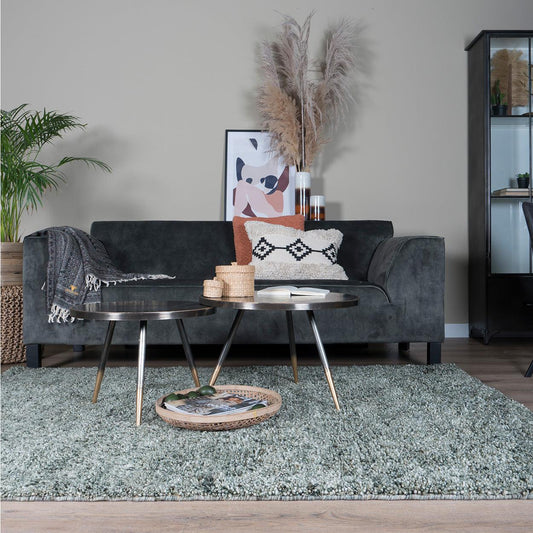 Stijlvolle woonkamer met grijze bank, kleurrijke kussens, siergras, planten en metalen tafels op een groen tapijt.