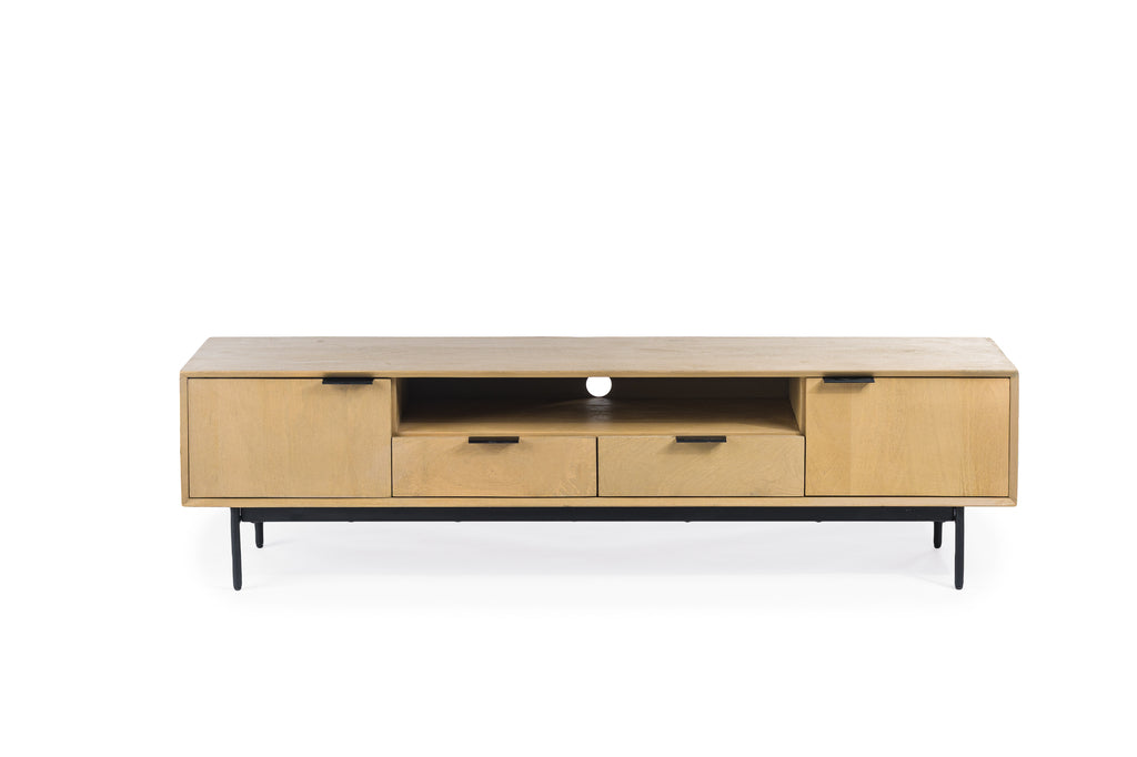 Houten tv-meubel met zwart metalen poten, open vak, twee lades en twee deuren, modern design.