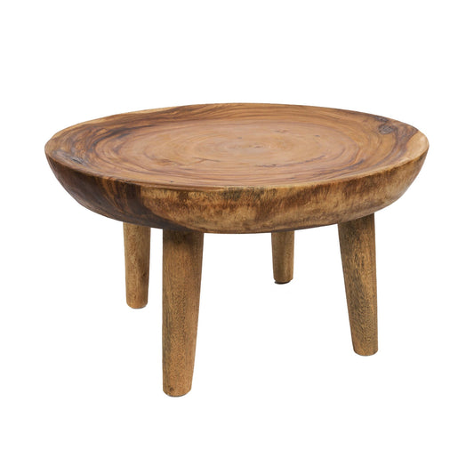 Ronde houten salontafel met rijke nerfpatronen, gemonteerd op vier stevige poten voor een rustieke uitstraling.
