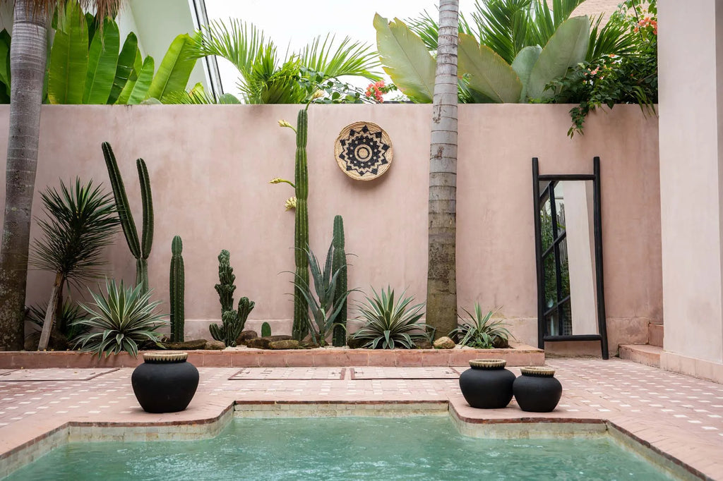 Stijlvolle patio met zwembad, omgeven door cactussen en palmen tegen een roze muur met decoratieve mand.