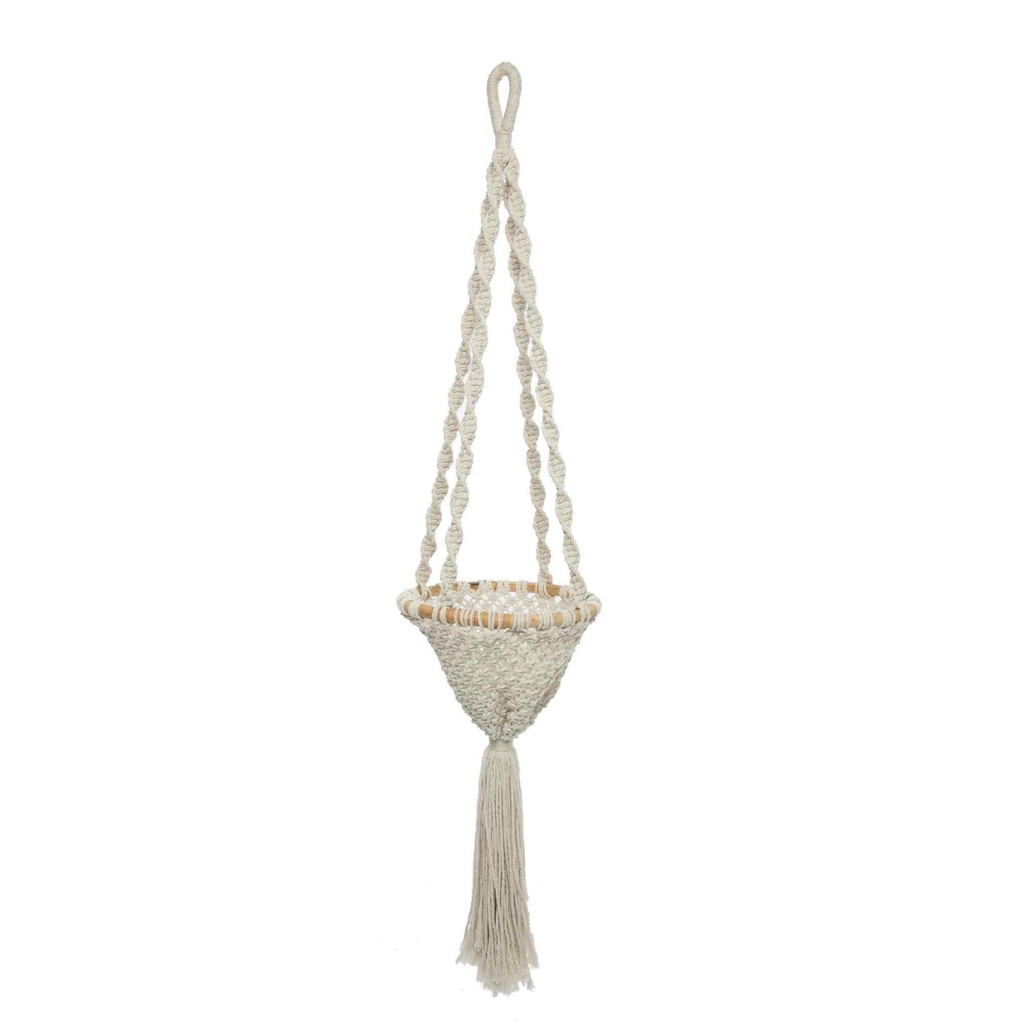 Elegante macramé hangmand met vlechtwerk en franjes in natuurlijke tinten, geschikt voor planten of decoratie.