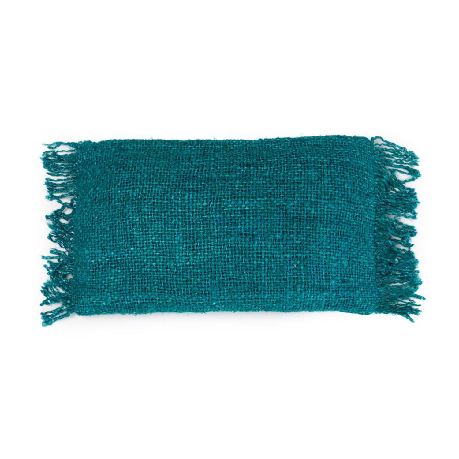 Turquoise rechthoekig kussen met franjes aan de zijkanten, gemaakt van grof geweven stof.