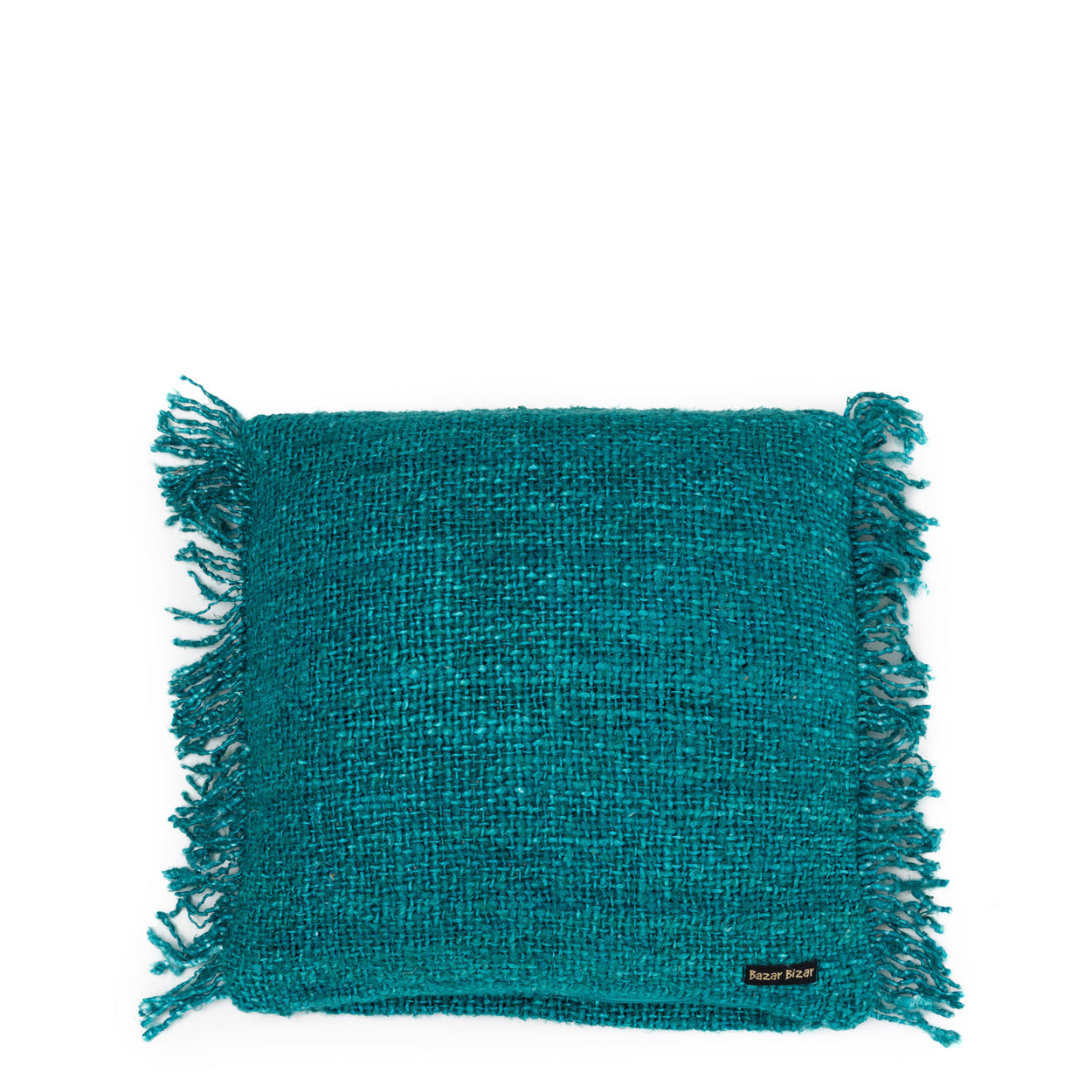 Turquoise sierkussen met textuur en franjes aan de randen, merklabel "Razer Blazet" rechtsonder.