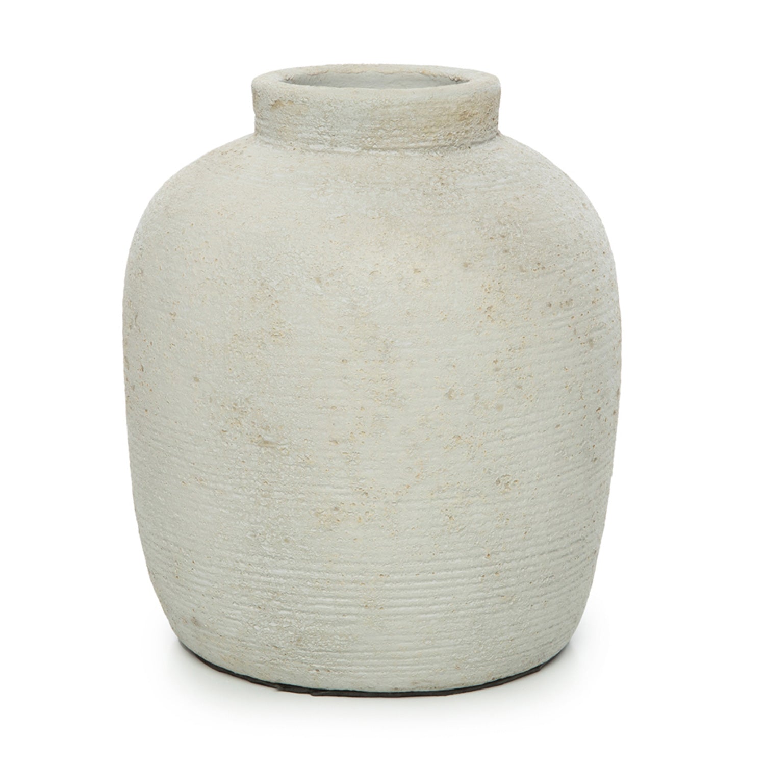 Rustieke beige aardewerken vaas met subtiele textuur en cilindrische vorm, eenvoudig en elegant ontwerp.