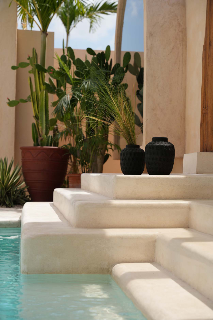 Rustieke stenen trap naast helder zwembad, omgeven door cactussen en planten in terracotta potten.