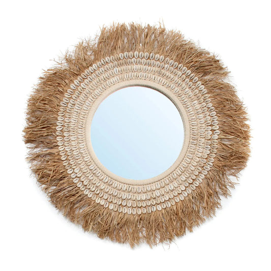 Raffia Cowrie Spiegel Naturel Wit 75 cm ø