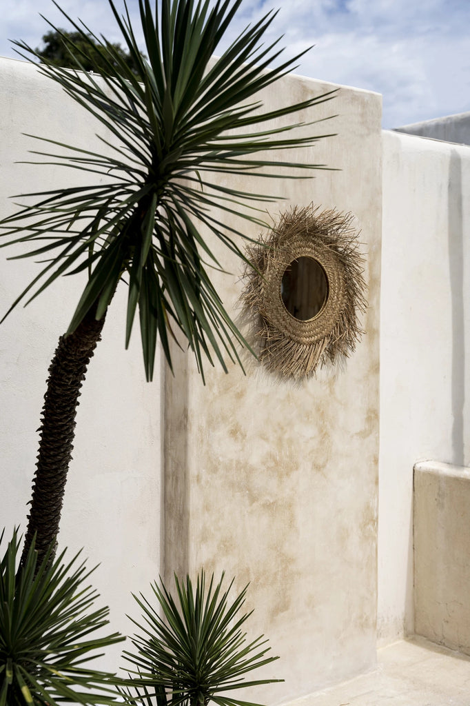 Yucca-plant naast beige muur met decoratieve rotan spiegel, stralende mediterrane sfeer.