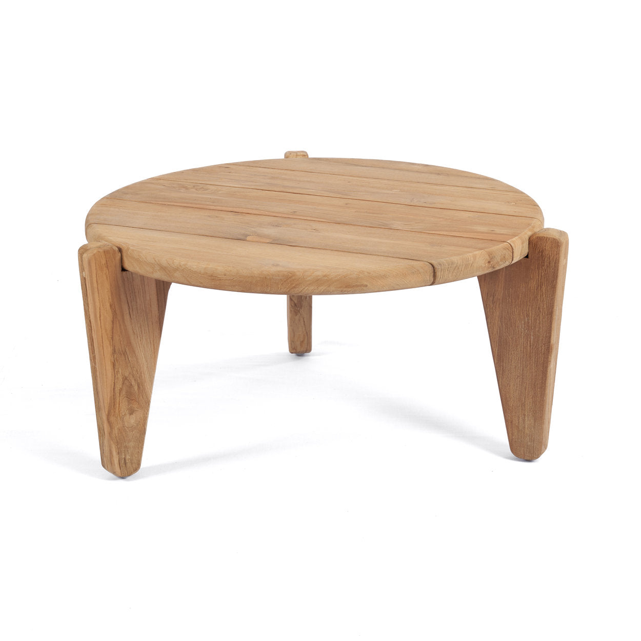 Bazar Bizar Seseh Salontafel Teak Buiten Naturel – 70x70 cm, ronde salontafel in gerecycled teak met stoere driepoot voor terras en tuin