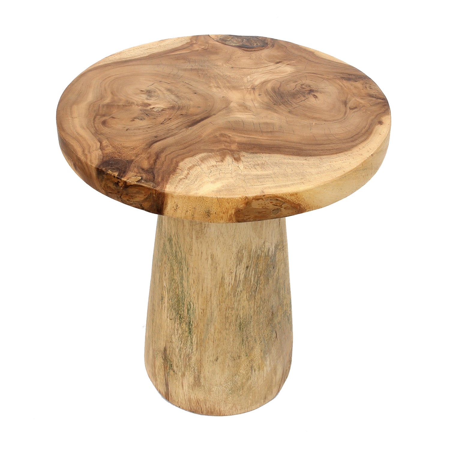 Ronde houten bijzettafel met natuurlijke houtnerven en stevige cilinderbasis, rustieke uitstraling.