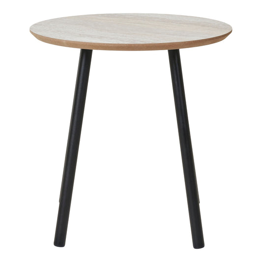 Ronde travertijnlook MDF tafelblad van de House Nordic Aalst bijzettafel op vier slanke matte zwarte stalen poten