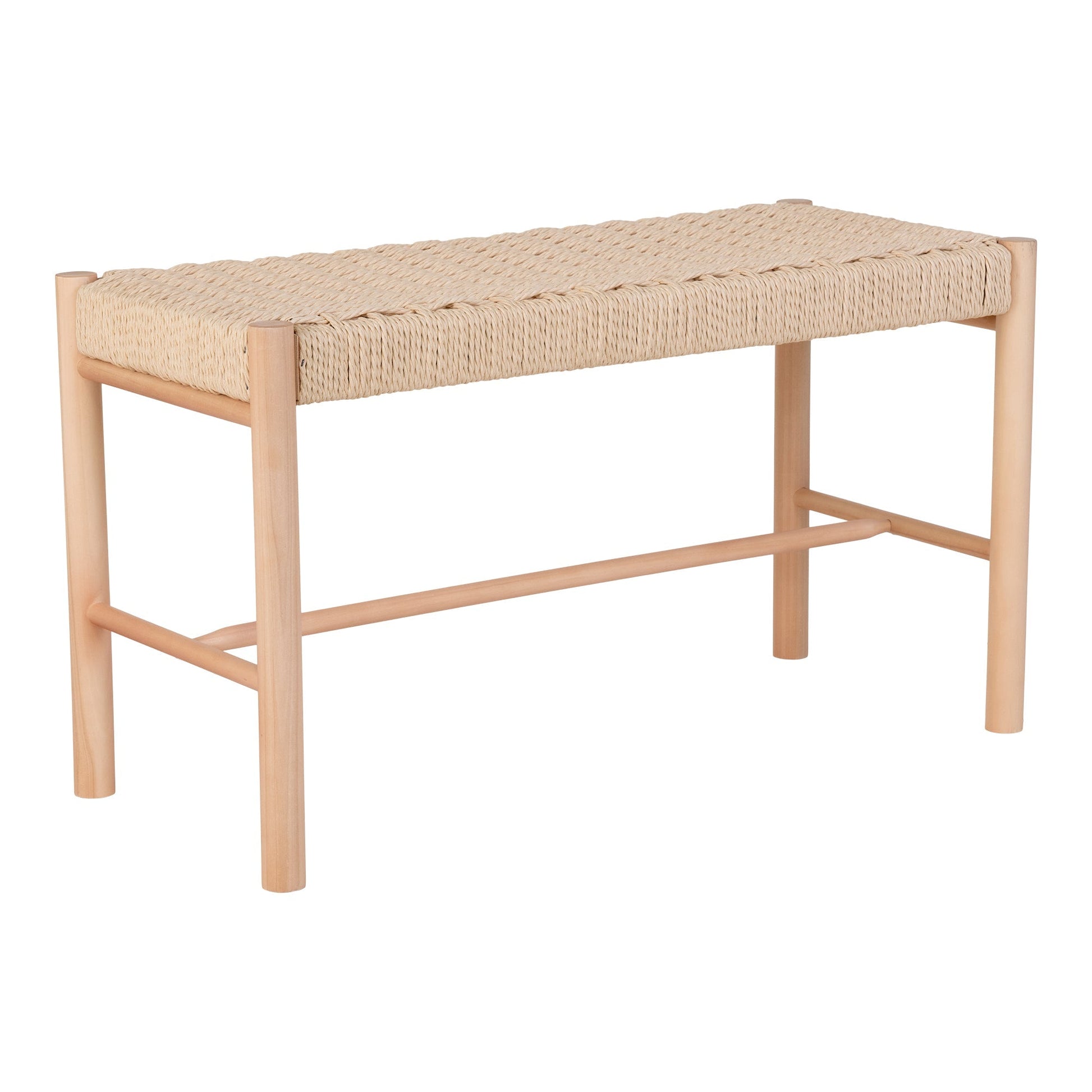 Houten bankje met gevlochten zitting in neutrale kleuren, minimalistisch ontwerp.