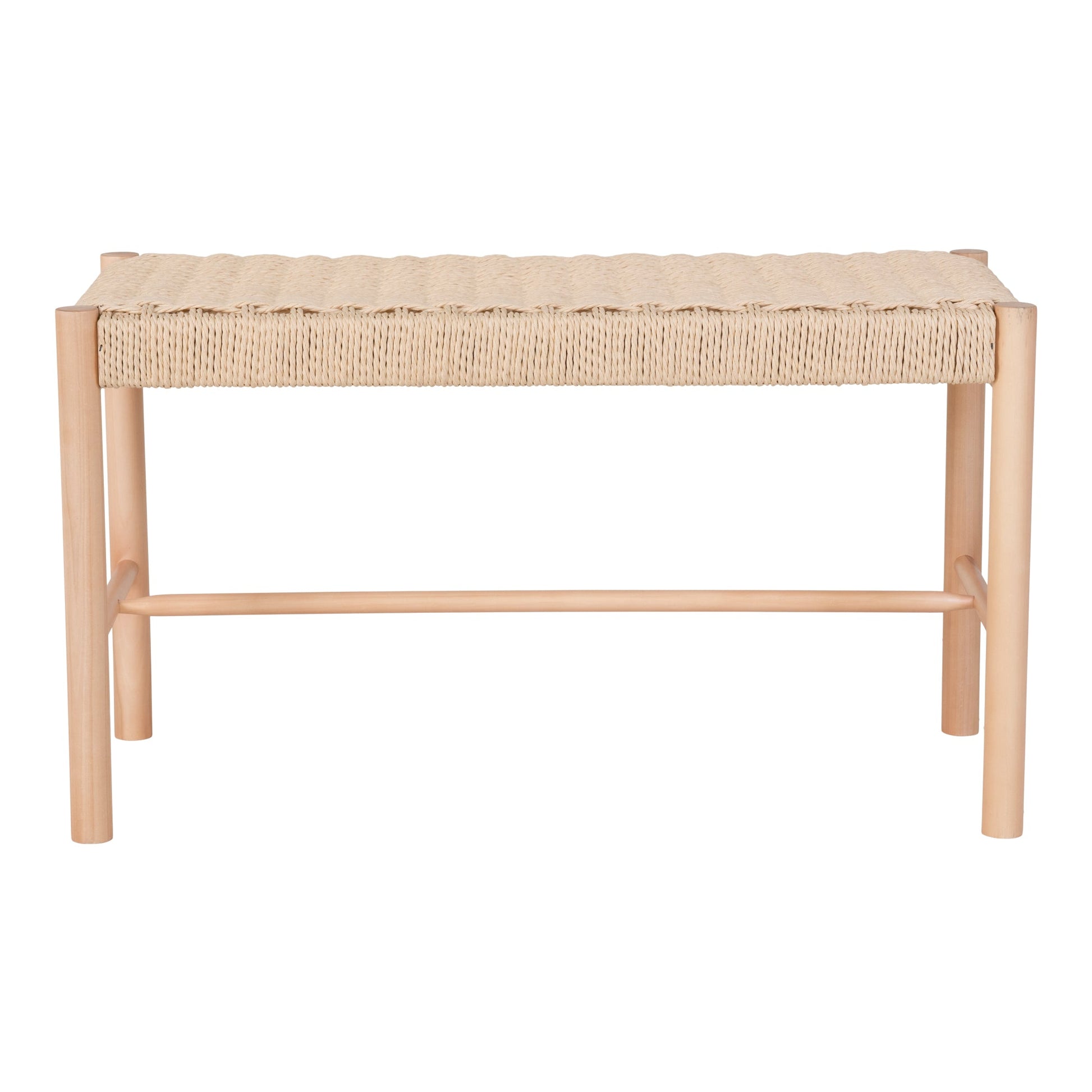 Eikenhouten bank met gevlochten zitting in natuurlijke tinten, minimalistisch en rustiek design.