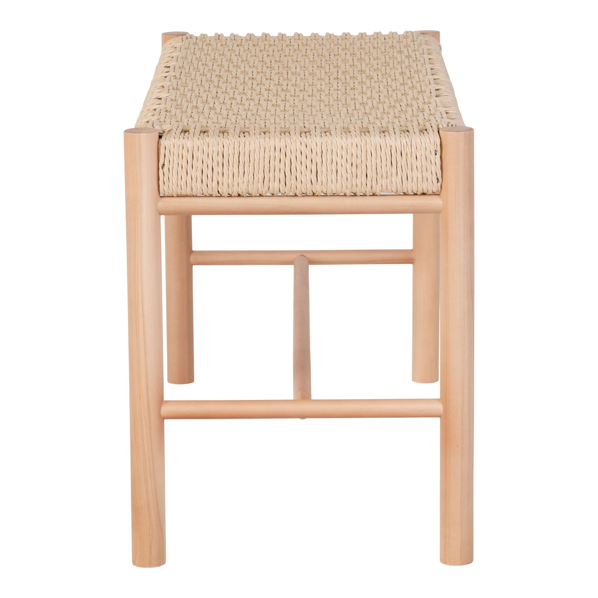 Houten kruk met gevlochten zitting, natuurlijk afgewerkt. Minimalistisch ontwerp, rustieke uitstraling.