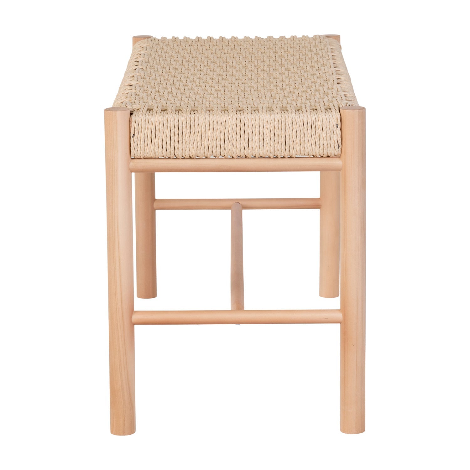 Houten kruk met strak geweven, lichtgekleurd rieten zitting, minimalistisch en functioneel ontwerp.