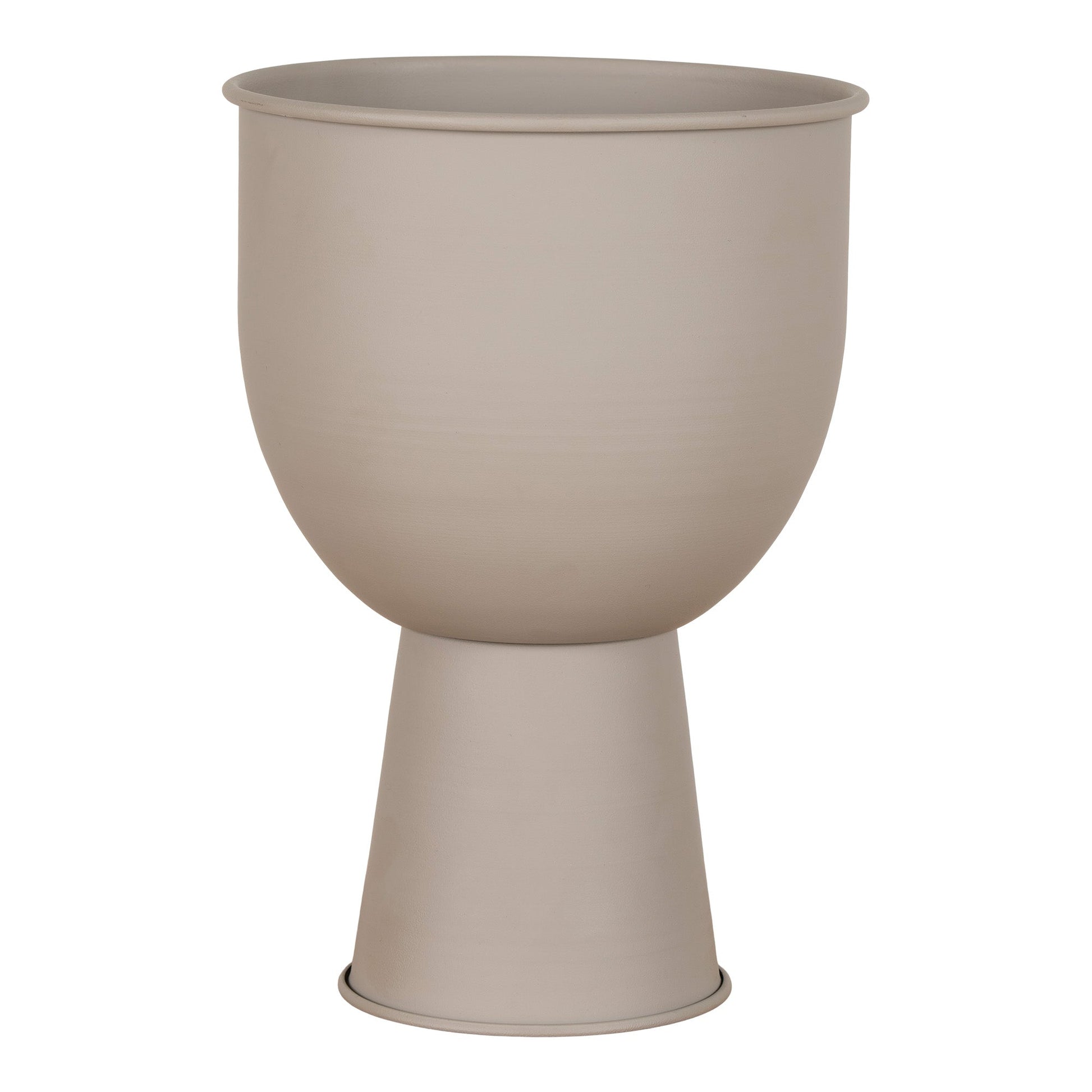 Beige keramische vaas met brede ronde bovenkant en smalle voet. Eenvoudig en modern ontwerp.