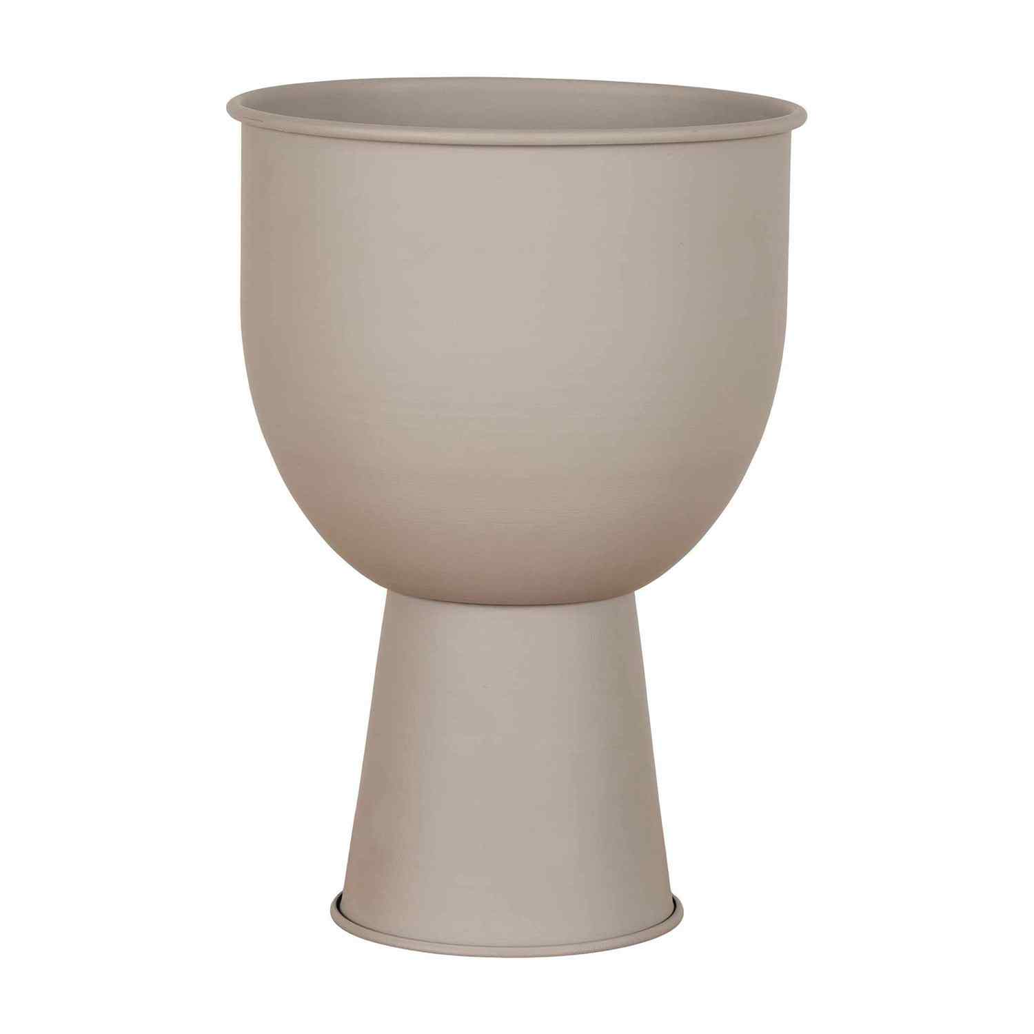 Minimalistische beige bloempot met ronde bovenkant en conische voet, gemaakt van mat keramiek.
