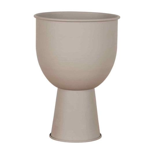Minimalistische beige bloempot met ronde bovenkant en conische voet, gemaakt van mat keramiek.