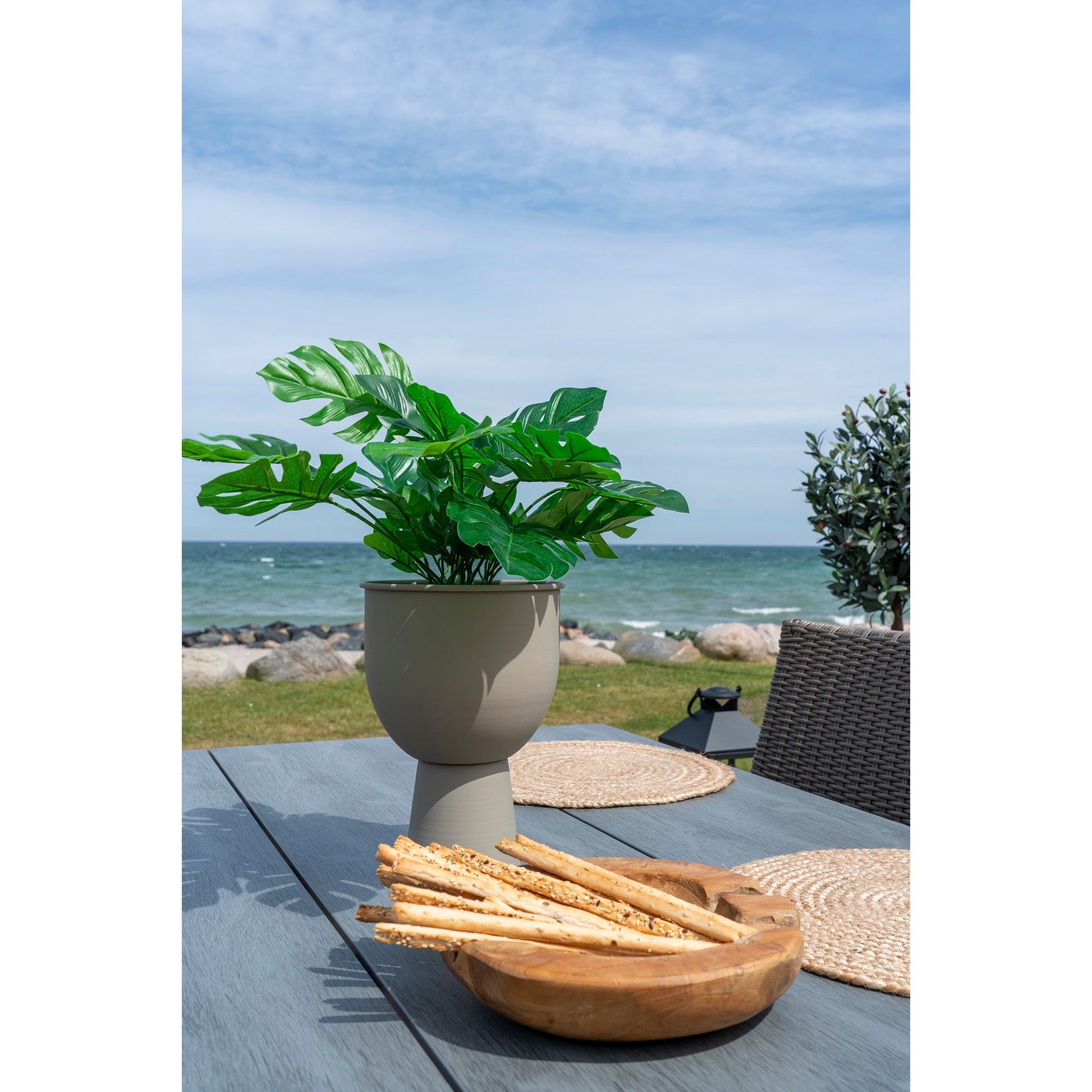 Plant in een beige pot en broodstengels in houten schaal op terras bij zee onder blauwe lucht.