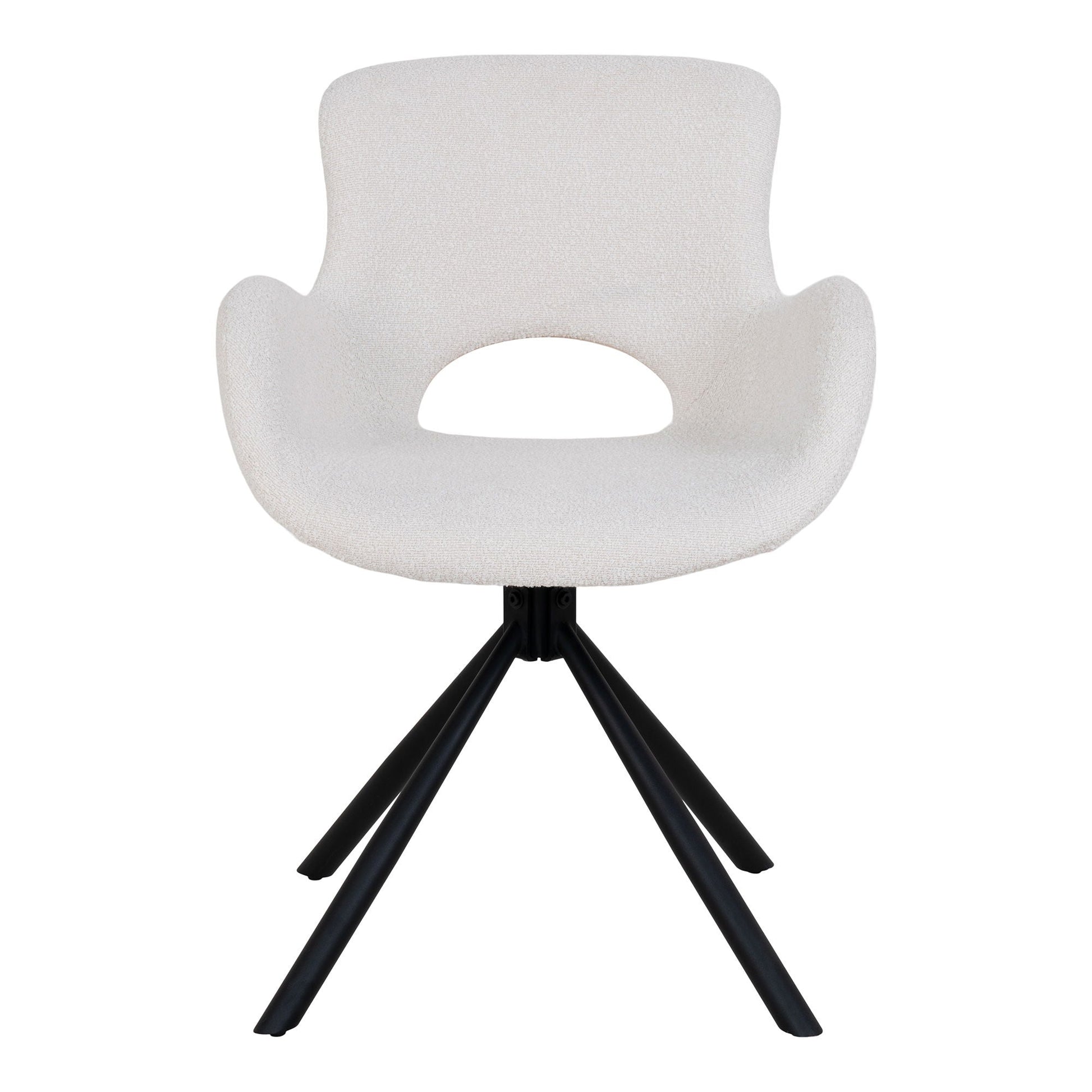 Amorim draaibare eetkamerstoel off-white bouclé, open rugdetail en zachte armleuningen op zwart stalen frame