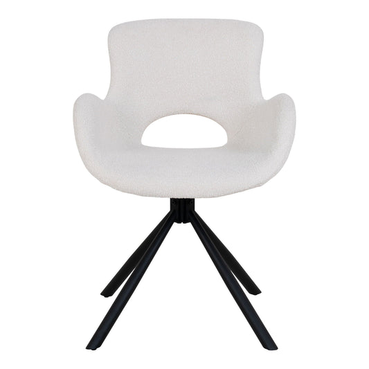 Amorim draaibare eetkamerstoel off-white bouclé, open rugdetail en zachte armleuningen op zwart stalen frame