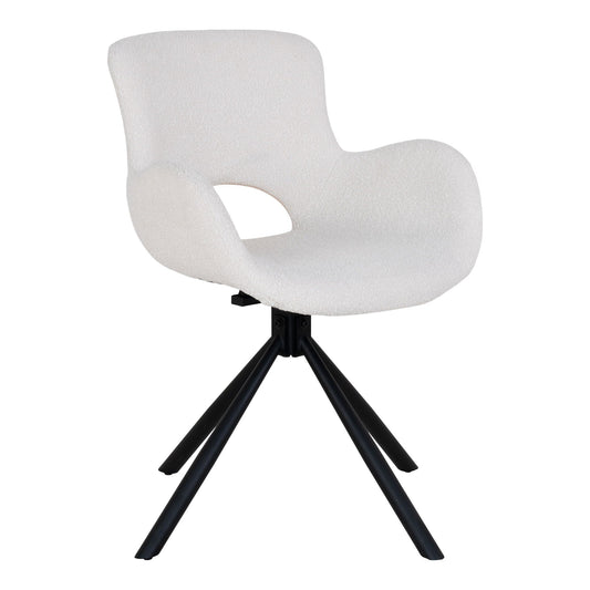 Amorim draaibare eetkamerstoel off-white bouclé met zwart stalen onderstel, perfecte aanvulling op moderne eetkamer
