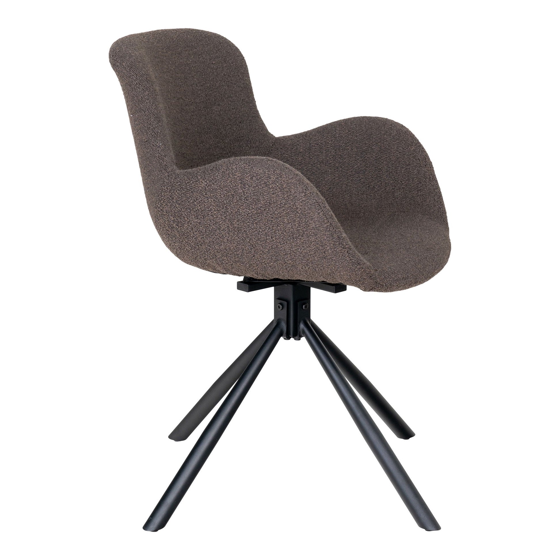 Zijaanzicht van Amorim draaibare eetkamerstoel met elegante bouclé taupe kuip en minimalistisch zwart stalen pootenspel