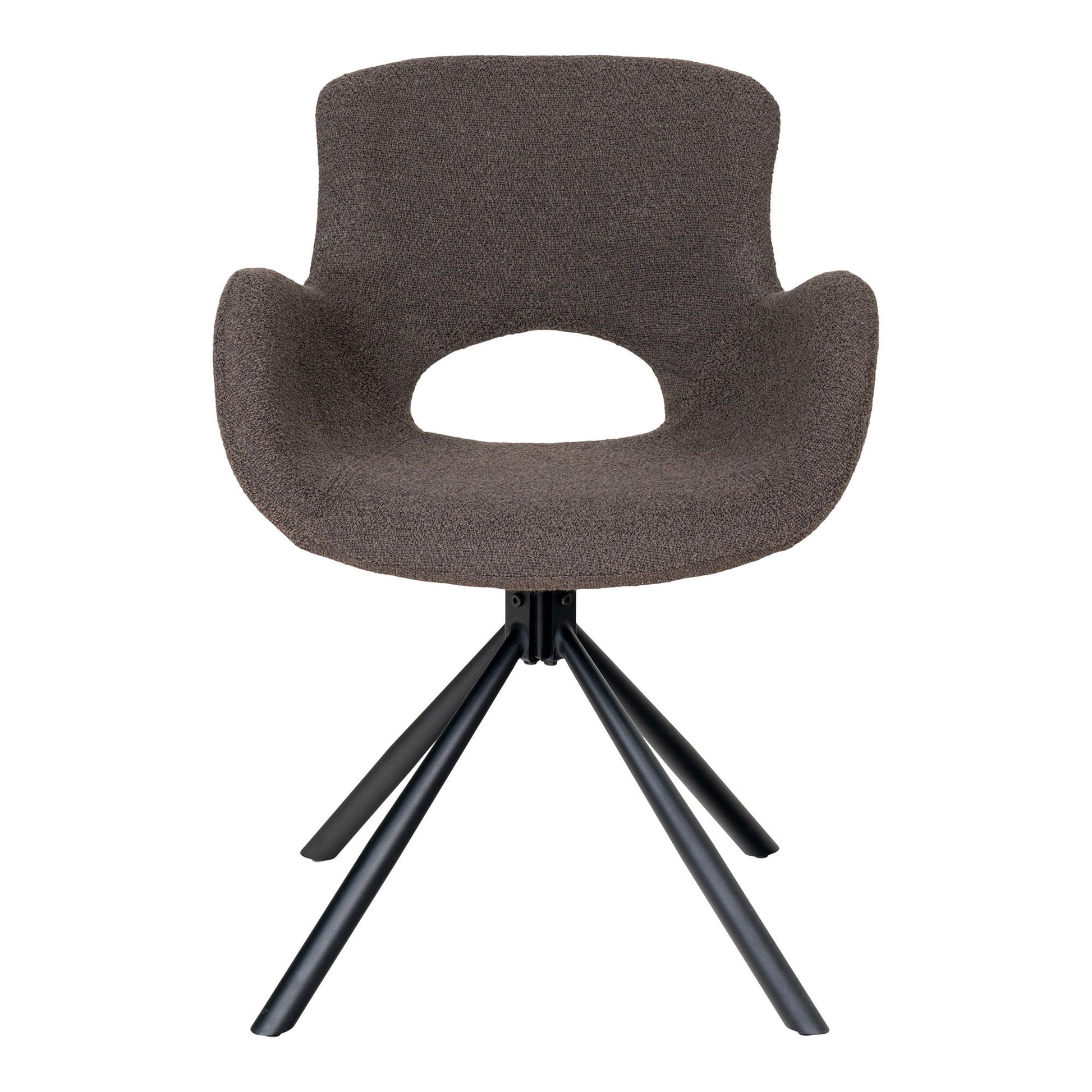 Bouclé taupe kuipstoel van soepel polyester met sierlijke armleuningen op draaibaar zwart onderstel, strakke frontview