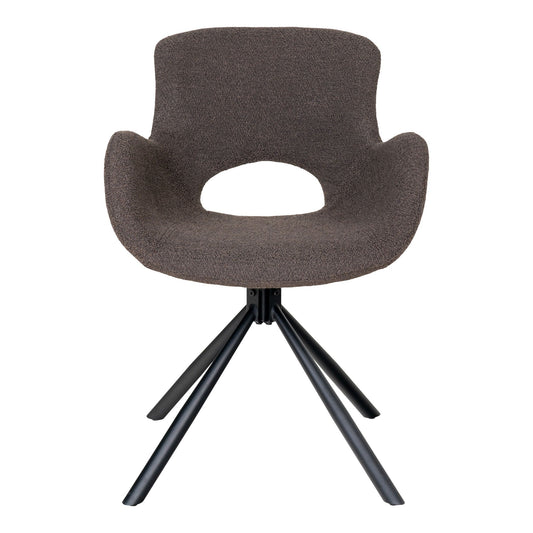 Bouclé taupe kuipstoel van soepel polyester met sierlijke armleuningen op draaibaar zwart onderstel, strakke frontview