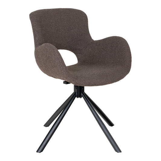 Moderne Amorim draaibare eetkamerstoel in taupe bouclé stof op zwart stalen onderstel, voor Scandinavische woonstijl