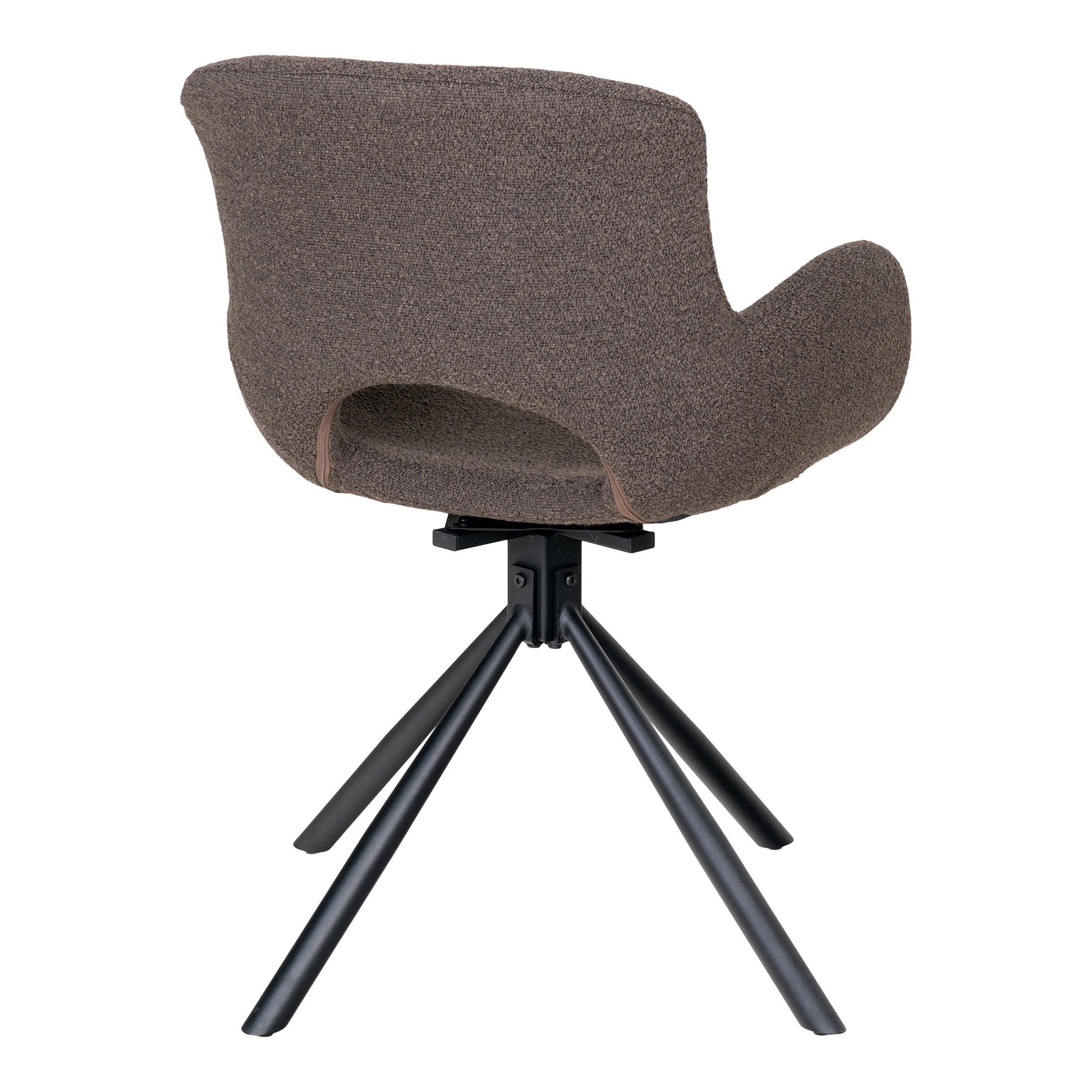 Compact achteraanzicht van draaibare Amorim eetkamerstoel met taupe bouclé stof, open rugdetail en zwart frame
