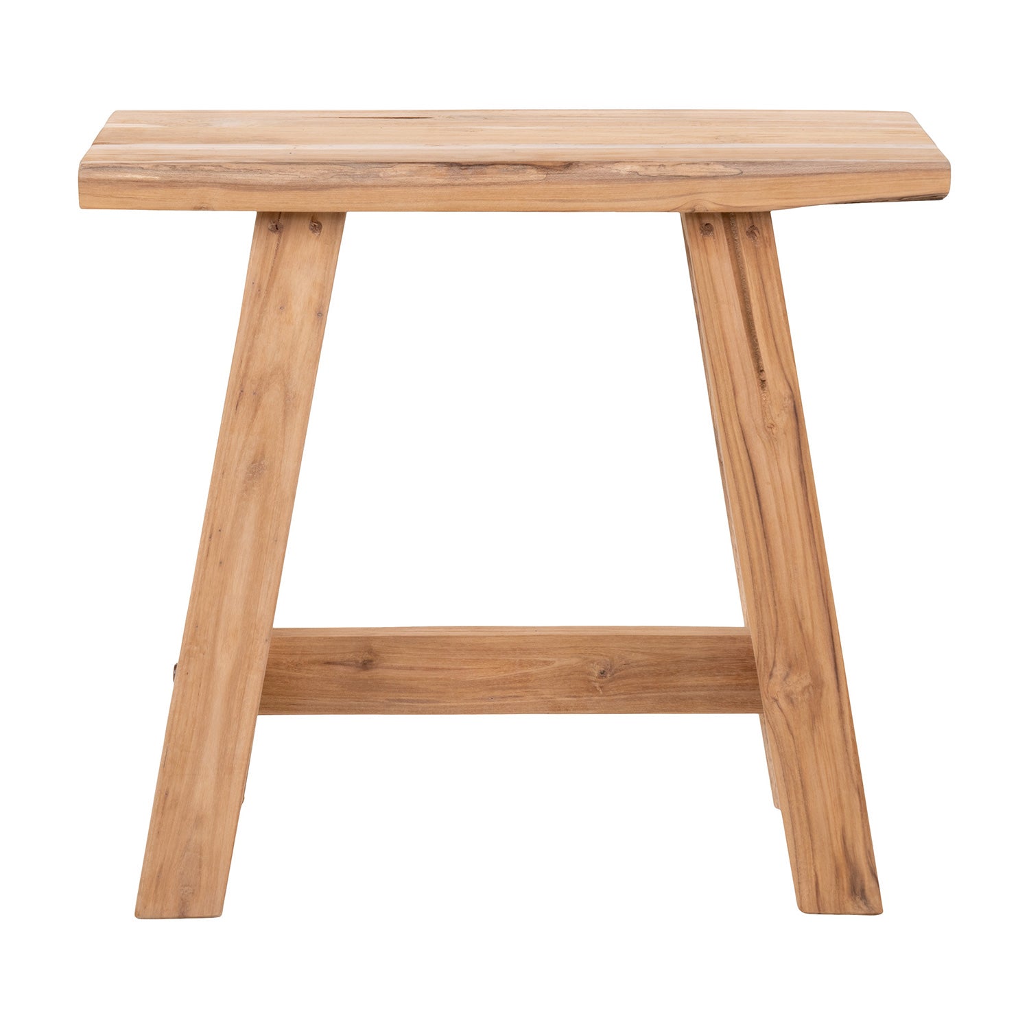Robuuste houten kruk met natuurlijke houtnerf, rechthoekig blad en diagonale poten, eenvoudig design.
