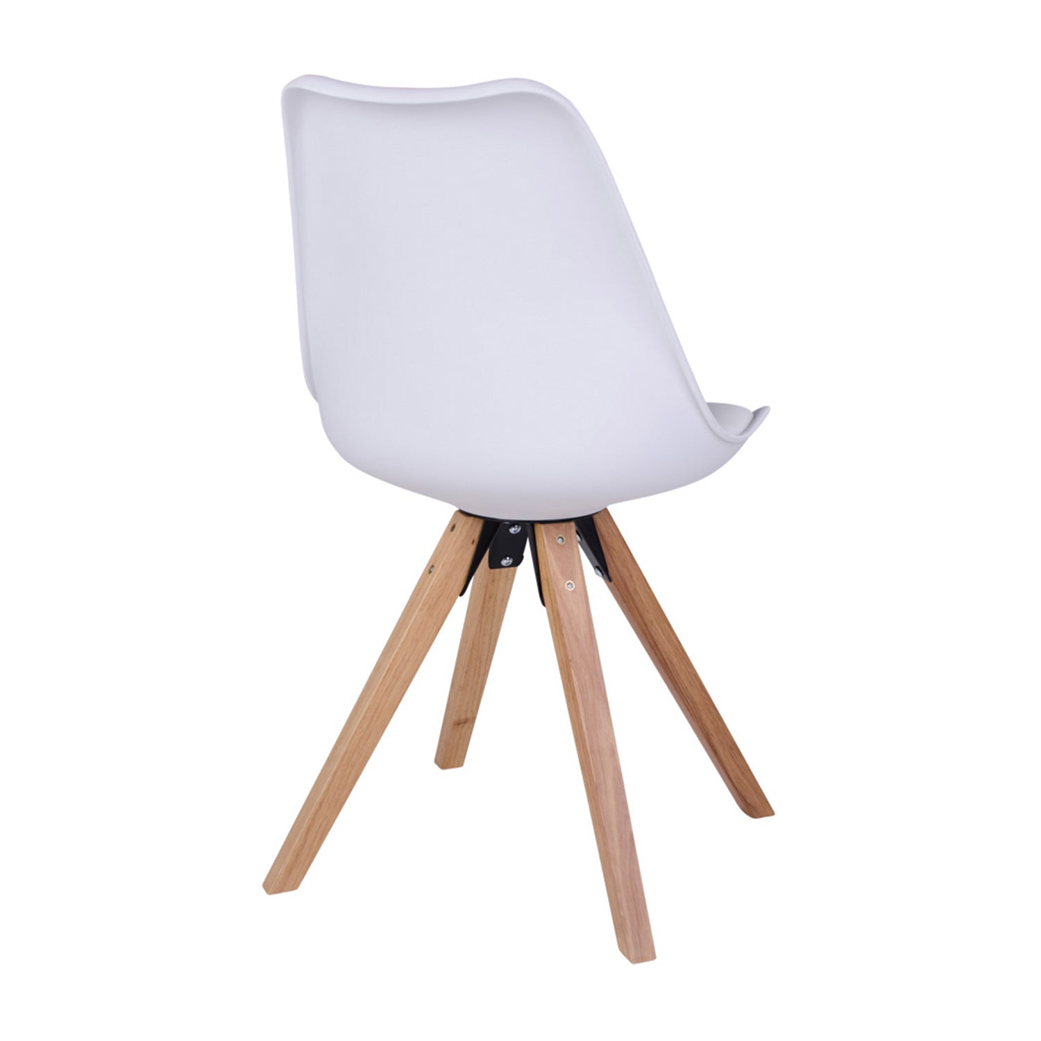 Witte stoel met gladde kunststof zitting en elegante houten poten in beukenhoutafwerking, modern design.